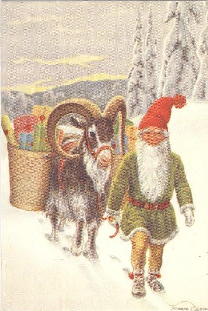 Tomtenisse med julbock (Julkort av Anders Olsson)