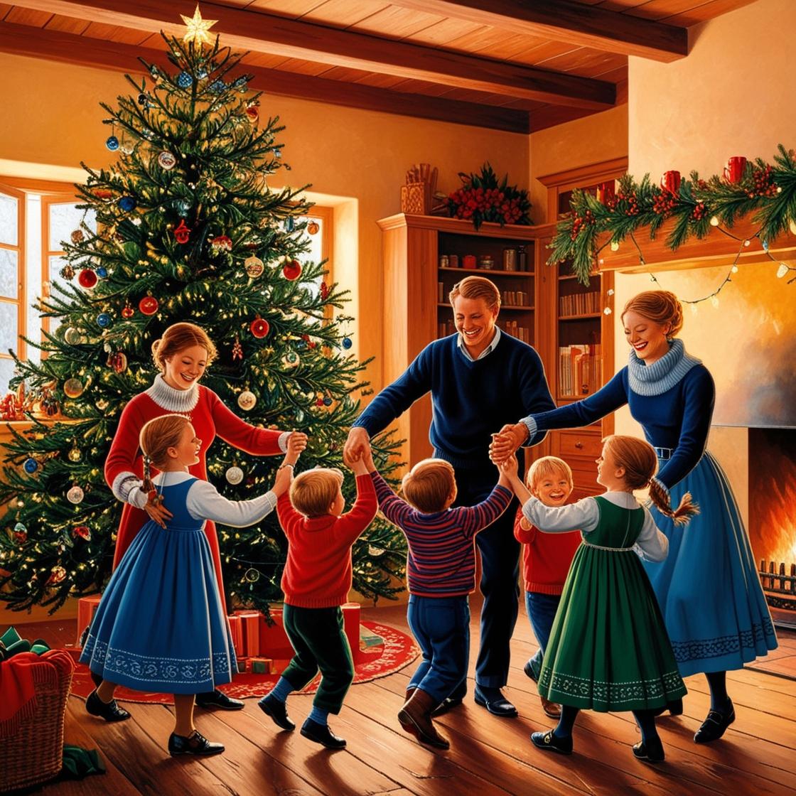 Ai-genererad bild av tjugondag Knut. Folk dansar runt julgranen.